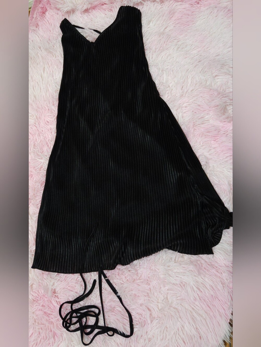 Shein Black Pleated Plisse Mini Dress Lace Up Open Back Small 4